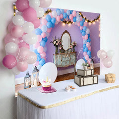 Lofaris Lavender Birthday Cake Smash Backdrop Pink and Blue Balloon Arch with Fairy Lights and Vanity Mirror