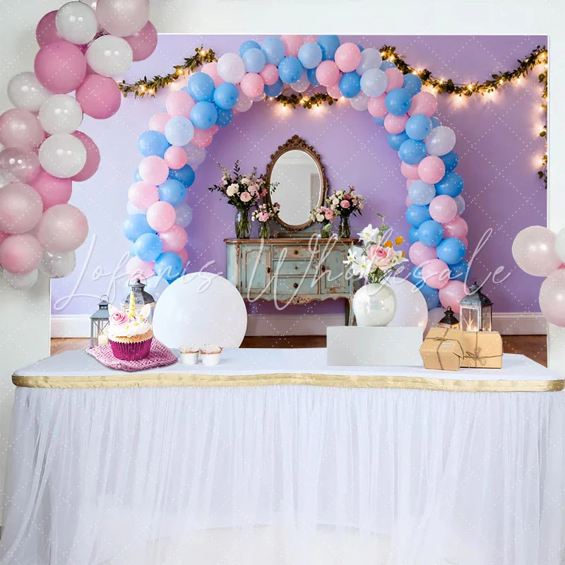 Lofaris Lavender Birthday Cake Smash Backdrop Pink and Blue Balloon Arch with Fairy Lights and Vanity Mirror