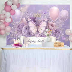 Lofaris Lavender Butterfly Crown Birthday Backdrop Ribbon Banner Balloon Background Girl Princess Party Decoration