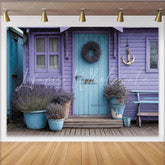 Lofaris Lavender Coastal Cottage Photography Backdrop with Blue Door Scenic Background for Studio Photoshoot and Event Decor