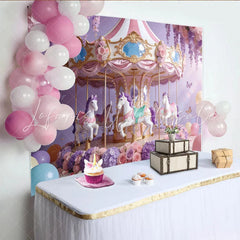 Lofaris Lavender Pink Carousel Photography Backdrop with Horses and Flowers Dreamy Party Background for Girls Birthday