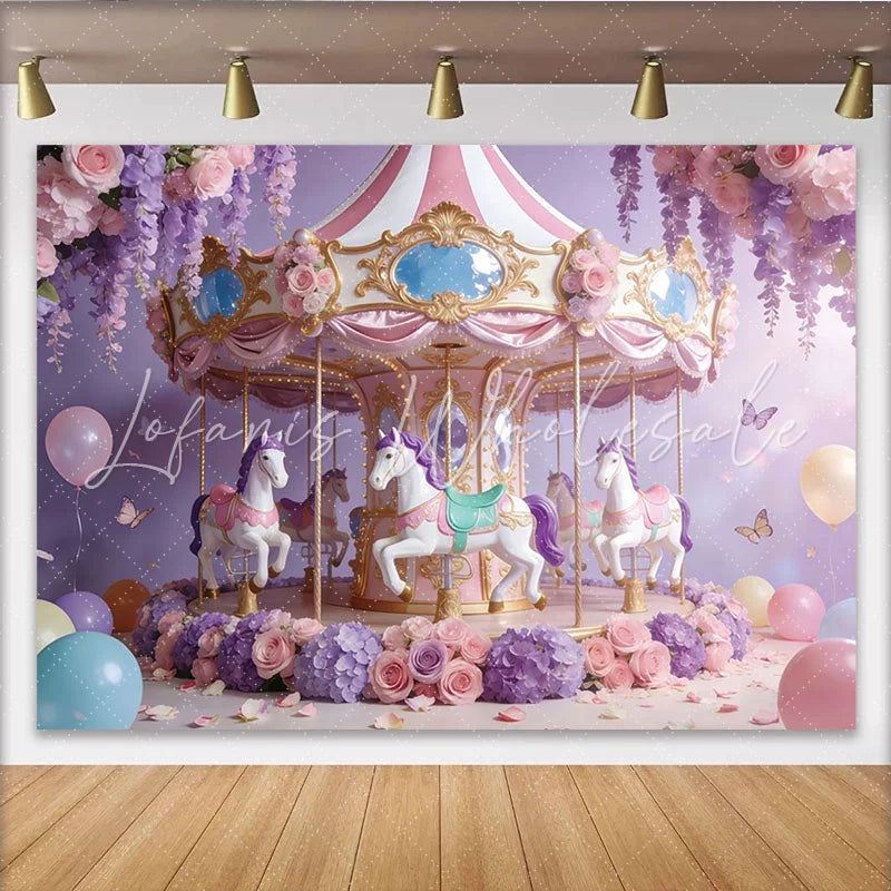 Lofaris Lavender Pink Carousel Photography Backdrop with Horses and Flowers Dreamy Party Background for Girls Birthday