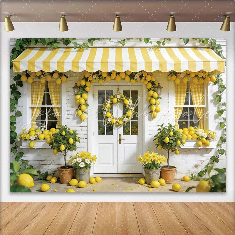 Lofaris Lemon Spring Photography Backdrop with Yellow Awning and Wreath Fresh House Facade Background for Studio Photoshoot