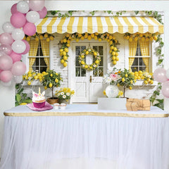 Lofaris Lemon Spring Photography Backdrop with Yellow Awning and Wreath Fresh House Facade Background for Studio Photoshoot
