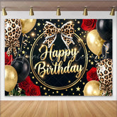 Lofaris Leopard Print Black and Gold Birthday Backdrop with Red Roses and Balloons Glitter Party Background for Women and Girls Photoshoot