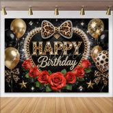 Lofaris Leopard Print Black and Gold Birthday Backdrop with Red Roses and Balloons Glamorous Party Background for Women and Girls Photoshoot