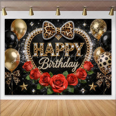 Lofaris Leopard Print Black and Gold Birthday Backdrop with Red Roses and Balloons Glamorous Party Background for Women and Girls Photoshoot