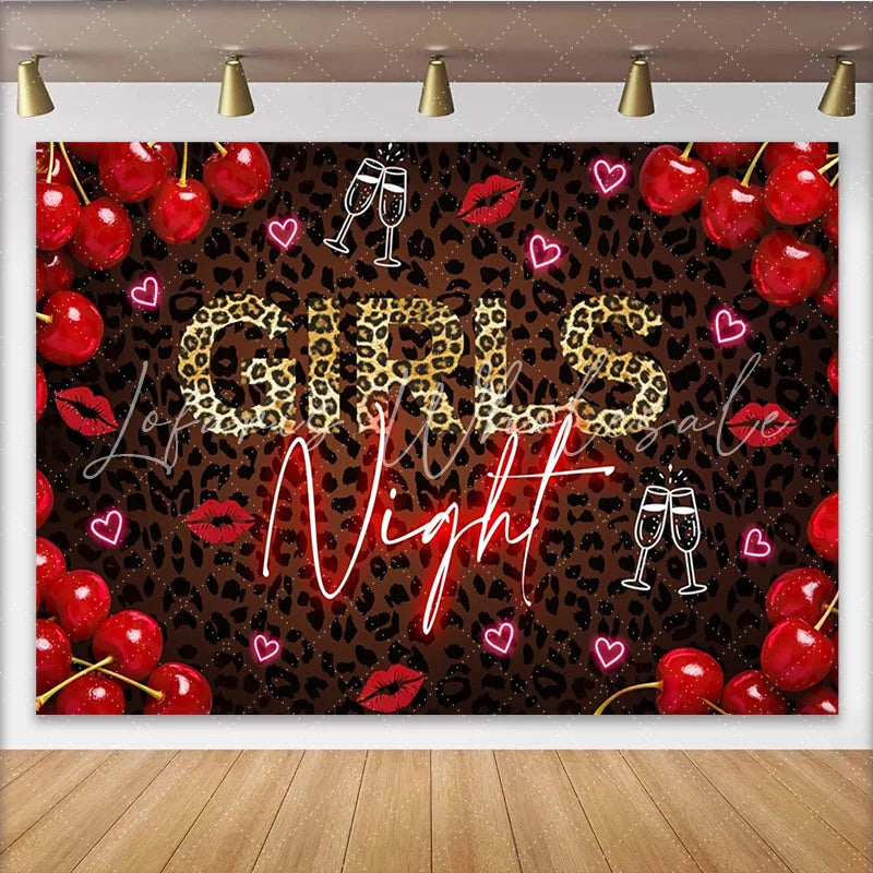 Lofaris Leopard Print Girls Night Party Backdrop with Neon Text Red Cherries and Champagne Glasses Photo Background