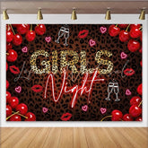 Lofaris Leopard Print Girls Night Party Backdrop with Neon Text Red Cherries and Champagne Glasses Photo Background
