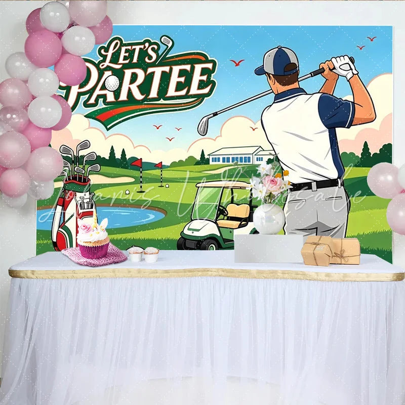 Lofaris Let’s Partee Golf Birthday Backdrop with Golfer Golf Cart and Green Course Sports Theme Party Decor for Photoshoot