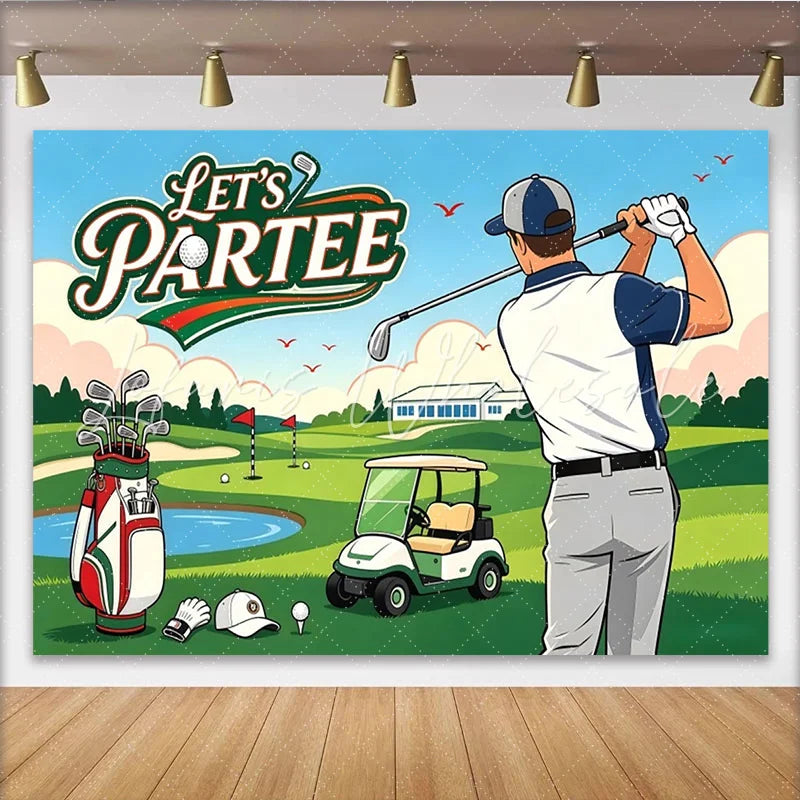 Lofaris Let’s Partee Golf Birthday Backdrop with Golfer Golf Cart and Green Course Sports Theme Party Decor for Photoshoot