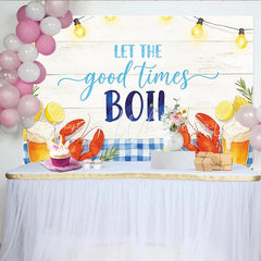Lofaris Let the Good Times Boil Seafood Boil Backdrop with Lobsters and Corn Summer Party Photography featuring Beer and String Lights
