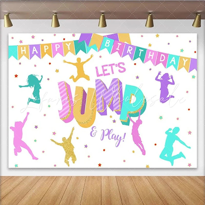Lofaris Let’s Jump and Play Happy Birthday Backdrop Trampoline Park Bounce House Theme Fun Party Decor for Boys and Girls