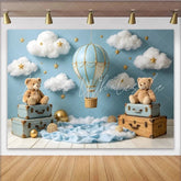 Lofaris Light Blue Hot Air Balloon Baby Shower Backdrop with Clouds and Stars Cute Teddy Bear Background for Baby Boy or Girl Party Decor