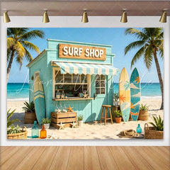 Lofaris Light Blue Surf Shop Photography Backdrop with Palm Trees and Surfboards Tropical Beach Background for Summer Photoshoot