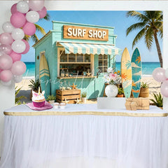 Lofaris Light Blue Surf Shop Photography Backdrop with Palm Trees and Surfboards Tropical Beach Background for Summer Photoshoot