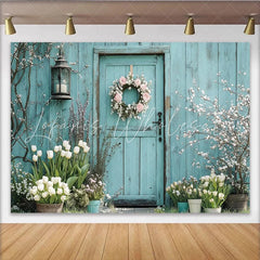 Lofaris Light Blue Wood Door Floral Photography Backdrop with Spring Tulips Elegant Garden Background for Portrait Photoshoot and Event