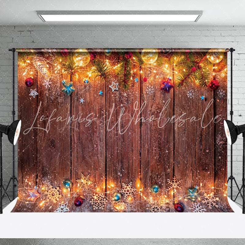 Lofaris Light Pine Leaves Brown Wooden Christmas Backdrop