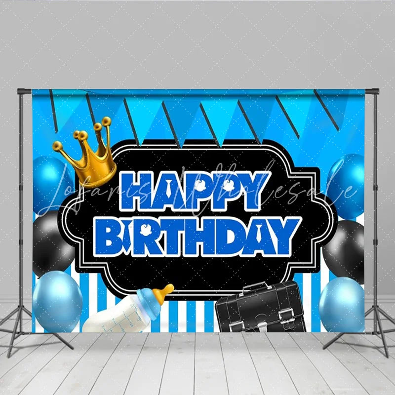 Lofaris Little Boss Man Birthday Backdrop Blue Tie and Suit Gentleman Party Decoration Black Crown Briefcase Photo Background