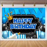 Lofaris Little Boss Man Birthday Backdrop Blue Tie and Suit Gentleman Party Decoration Black Crown Briefcase Photo Background