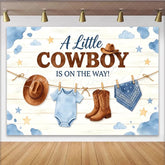 Lofaris Little Cowboy Is On The Way Baby Shower Backdrop with Boots and Hat Rustic Wood Background for Gender Reveal Party Decoration