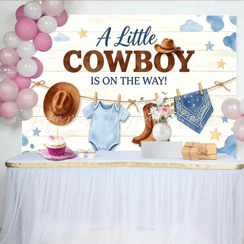 Lofaris Little Cowboy Is On The Way Baby Shower Backdrop with Boots and Hat Rustic Wood Background for Gender Reveal Party Decoration