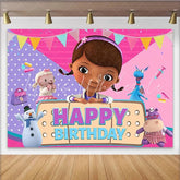 Lofaris Little Girl Doctor Happy Birthday Backdrop Pink Bandage Animal Toys Party Background