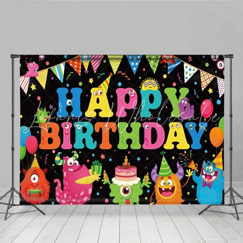 Lofaris Little Monster Birthday Backdrop Colorful Cute Monsters Black Photography Background Happy Birthday Party Cake Table Decor
