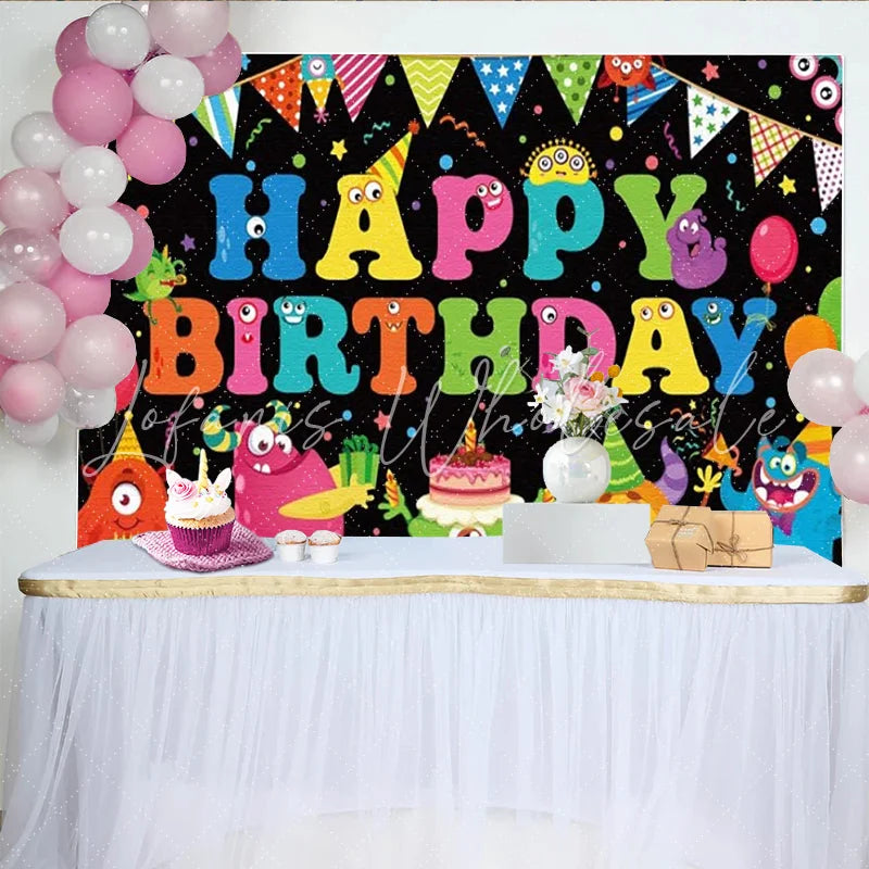 Lofaris Little Monster Birthday Backdrop Colorful Cute Monsters Black Photography Background Happy Birthday Party Cake Table Decor