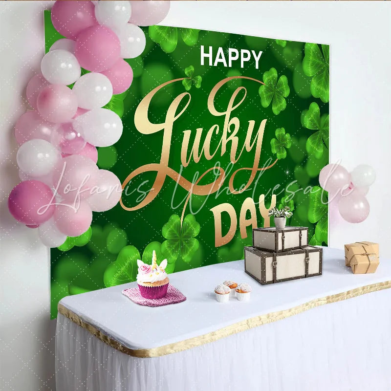 Lofaris Lucky Day St. Patrick’s Day Backdrop Glowing Green Shamrocks and Clovers Party Decoration