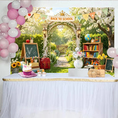 Lofaris Lush Garden Back To School Backdrop with Archway Books and Globe Educational Photography Background for Studio