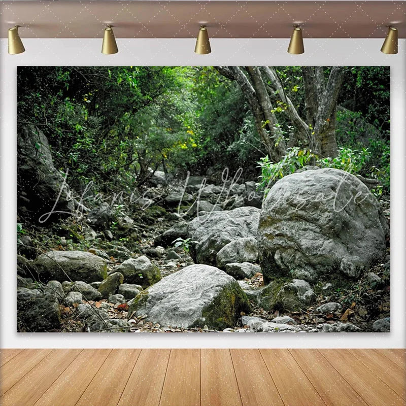 Lofaris Lush Green Forest and Rocky Natural Scenery Backdrop Wild Nature Photography Background for Studio Photoshoot