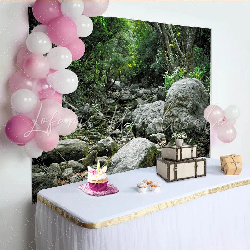 Lofaris Lush Green Forest and Rocky Natural Scenery Backdrop Wild Nature Photography Background for Studio Photoshoot