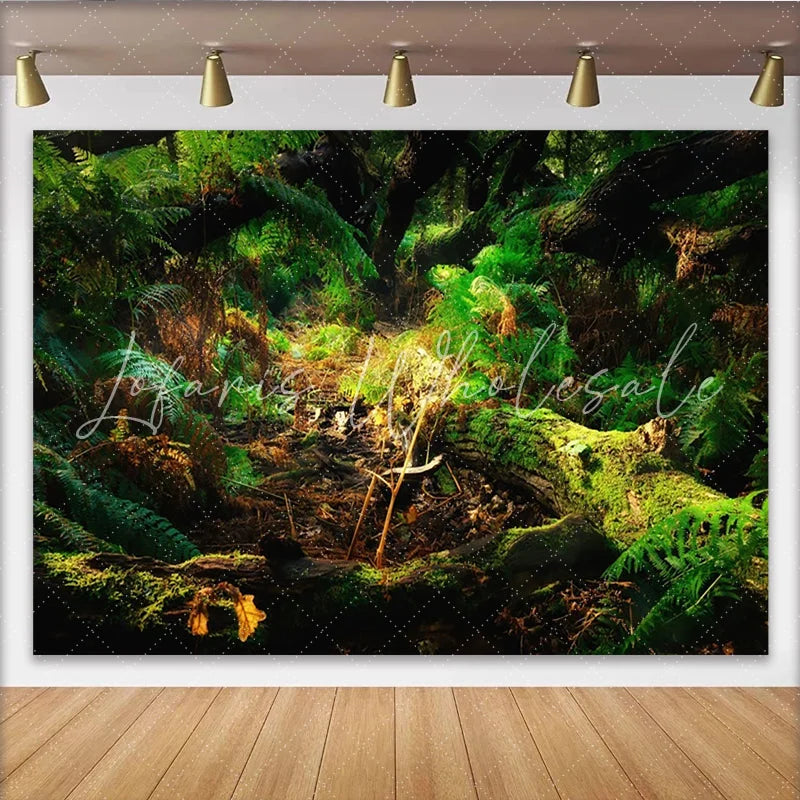 Lofaris Lush Green Forest Photography Backdrop with Mossy Logs and Ferns Natural Woodland Background for Professional Portrait