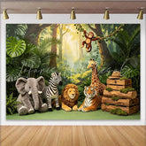 Lofaris Lush Green Jungle Animal Photography Backdrop with Safari Animals Vibrant Forest Theme Background for Kids Photoshoot