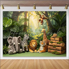 Lofaris Lush Green Jungle Animal Photography Backdrop with Safari Animals Vibrant Forest Theme Background for Kids Photoshoot