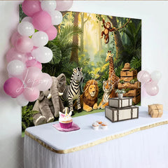 Lofaris Lush Green Jungle Animal Photography Backdrop with Safari Animals Vibrant Forest Theme Background for Kids Photoshoot