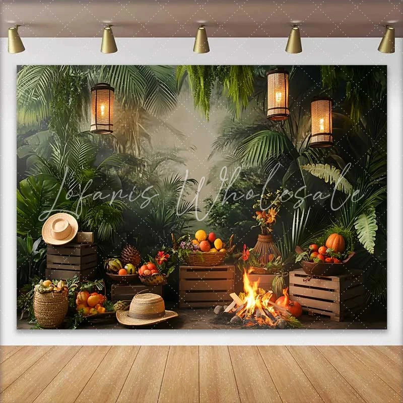 Lofaris Lush Green Jungle Birthday Cake Smash Backdrop Rustic Campfire and Warm Lanterns for Photoshoot