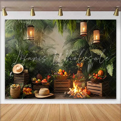 Lofaris Lush Green Jungle Birthday Cake Smash Backdrop Rustic Campfire and Warm Lanterns for Photoshoot