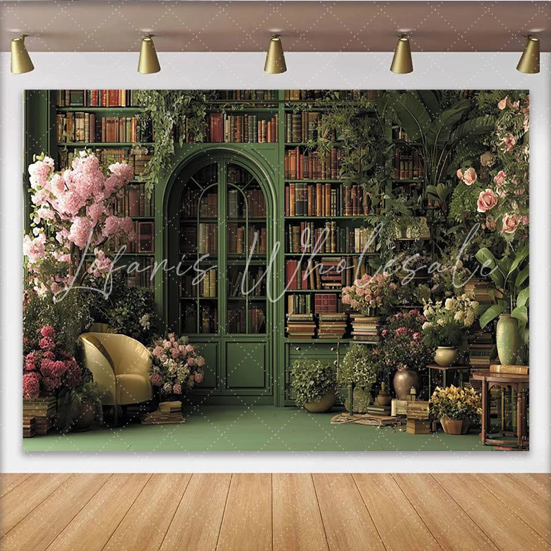 Lofaris Lush Green Library Photography Backdrop with Pink Flowers and Vintage Books Elegant Studio Background for Portrait Photoshoot