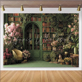 Lofaris Lush Green Library Photography Backdrop with Pink Flowers and Vintage Books Elegant Studio Background for Portrait Photoshoot
