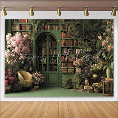 Lofaris Lush Green Library Photography Backdrop with Pink Flowers and Vintage Books Elegant Studio Background for Portrait Photoshoot
