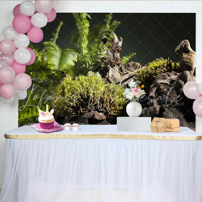 Lofaris Lush Green Moss and Fern Natural Scenery Photography Backdrop Dark Wood Texture Studio Background for Professional Portrait