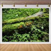 Lofaris Lush Green Mossy Log Forest Photography Backdrop with Orange Fungi Natural Woodland Background for Studio Photoshoots