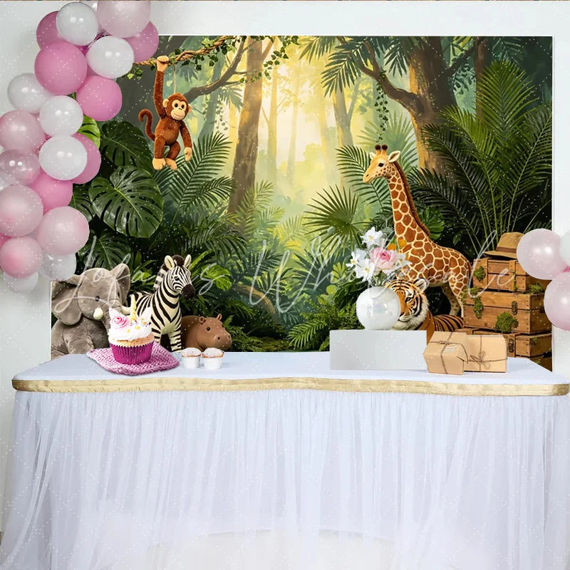 Lofaris Lush Green Safari Jungle Animal Birthday Backdrop with Cute Stuffed Creatures Wild One Party Photography Background