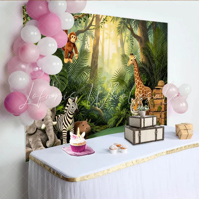 Lofaris Lush Green Safari Jungle Animal Birthday Backdrop with Cute Stuffed Creatures Wild One Party Photography Background