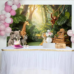 Lofaris Lush Green Safari Jungle Photography Backdrop with Wild Animals Sunlit Forest Background for Kids’ Birthday Party