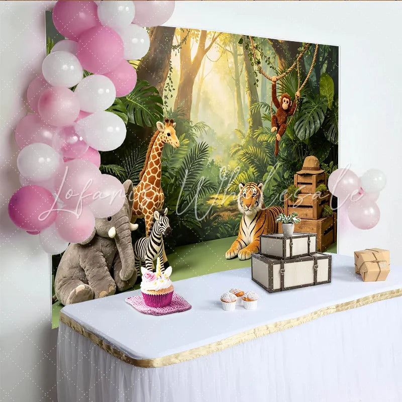 Lofaris Lush Green Safari Jungle Photography Backdrop with Wild Animals Sunlit Forest Background for Kids’ Birthday Party