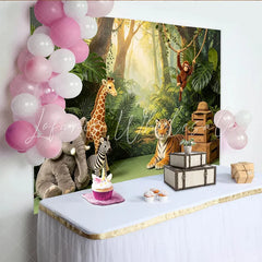 Lofaris Lush Green Safari Jungle Photography Backdrop with Wild Animals Sunlit Forest Background for Kids’ Birthday Party