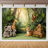 Lofaris Lush Green Safari Jungle Photography Backdrop with Wild Animals Sunlit Forest Background for Kids’ Birthday Party